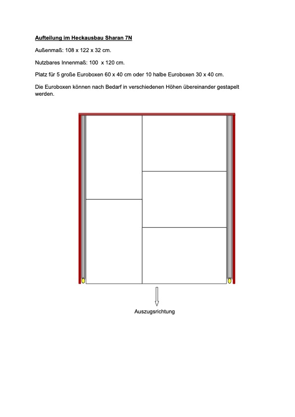 Der Campingausbau Sharan bietet Stauraum für 5 Euroboxen und Schlafraum für 2 Erwachsene.